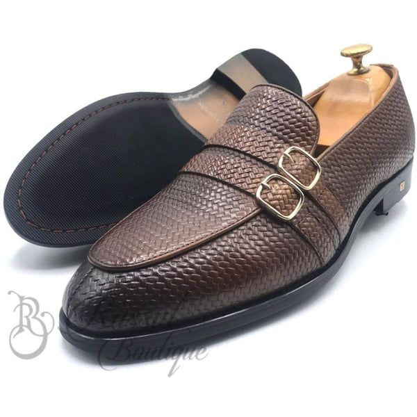 Big-Lv Weave Leather Monk Shoe | Brown Oxford
