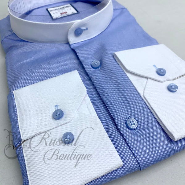 Ricardo Martinez Two Toned Bishop Collar Shirt | Blue Shirts