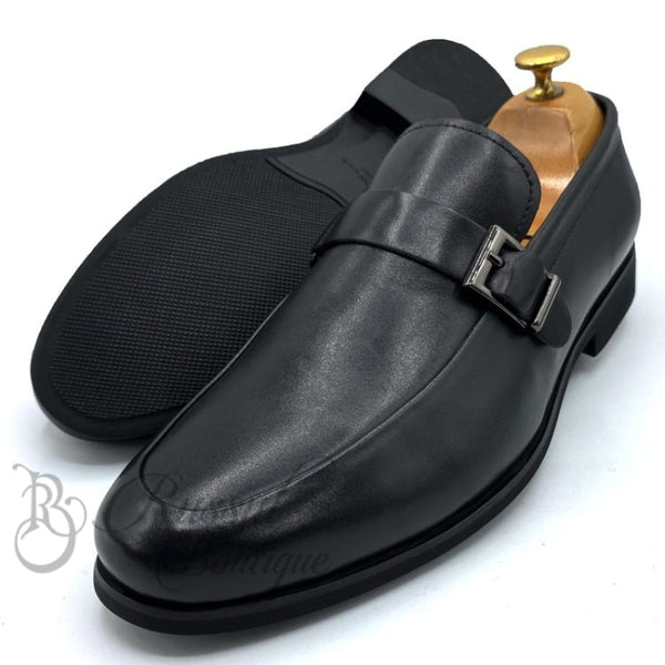 Robert Wood Side Buckle Leather Loafers |Black