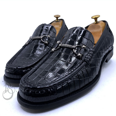 Sr Cracked Wetlook Horsebit Loafers | Black Shoes