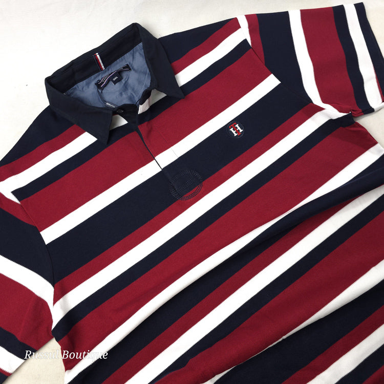 THF Spark two toned stripped polo | Wine/Blue