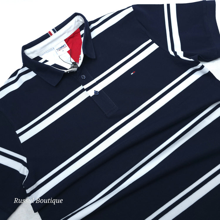 THF twin stripped designer polo shirt | Navy Blue