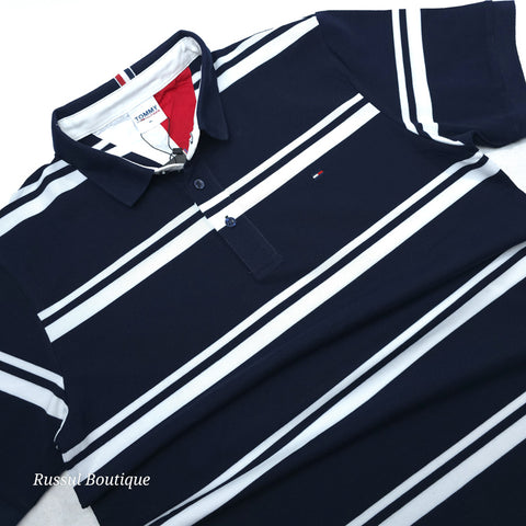 THF twin stripped designer polo shirt | Navy Blue