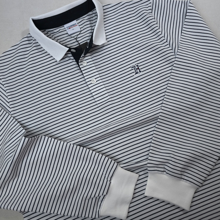 Longsleeve THF knit stripped polo shirt | Grey