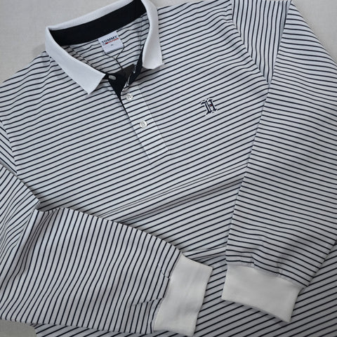 Longsleeve THF knit stripped polo shirt | Grey