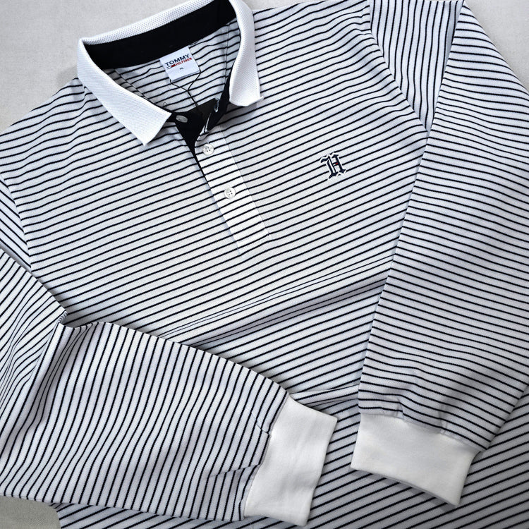 Longsleeve THF knit stripped polo shirt | White