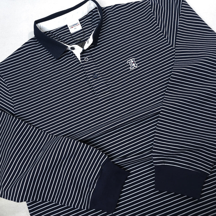 Longsleeve THF knit stripped polo shirt | Navy blue