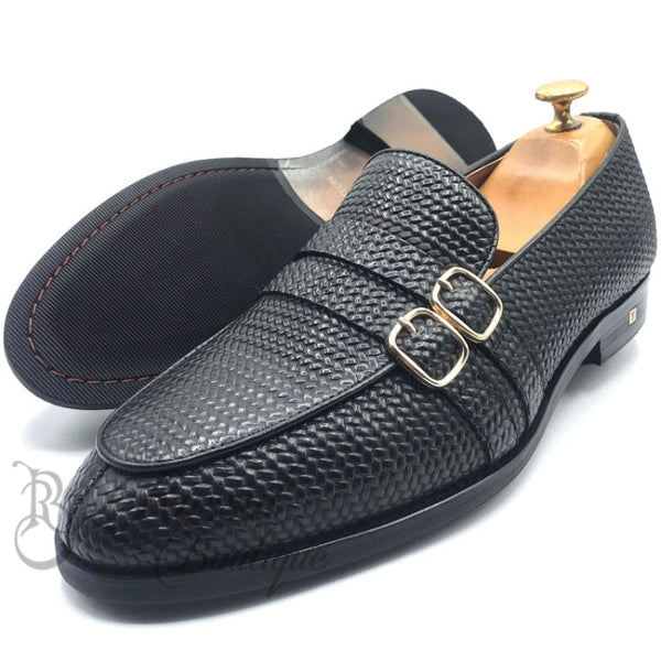 Lv Weave Leather Monk Shoe | Black Oxford