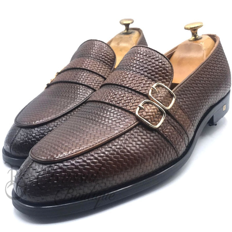 Big-Lv Weave Leather Monk Shoe | Brown Oxford