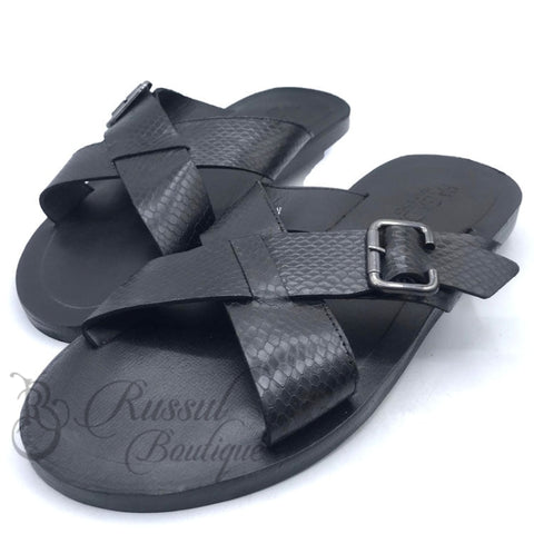 Buckled Crossed Mens Leather Slippers | Black Sandals