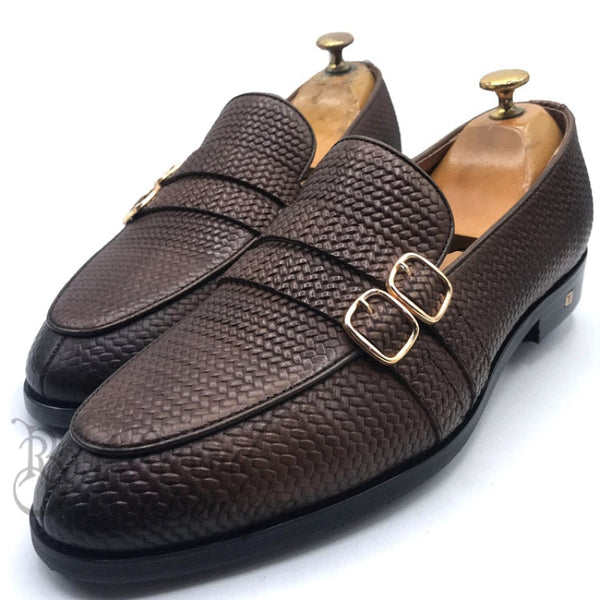 Lv Weave Leather Monk Shoe | Brown Oxford