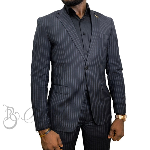 Mens Stripped Business Suit | Black