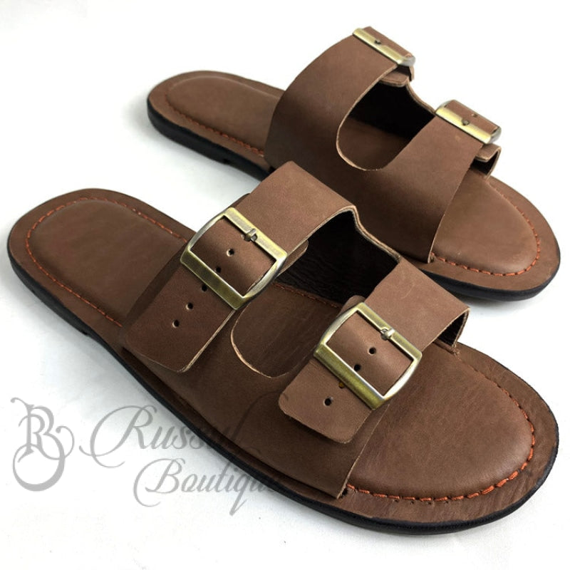 Rb Double Buckled Leather Slips | Brown Sandals