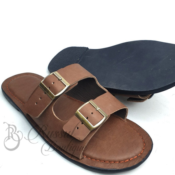Rb Double Buckled Leather Slips | Brown Sandals
