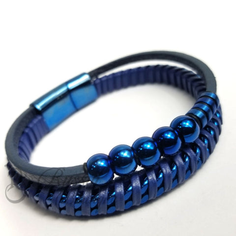 Rb Leather Beaded Bracelet | Blue