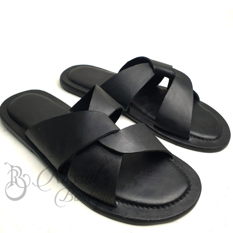 Rb Overlap Leather Slips | Black Sandals