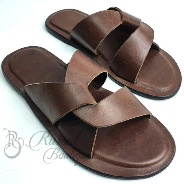 Rb Overlap Leather Slips | Brown Sandals
