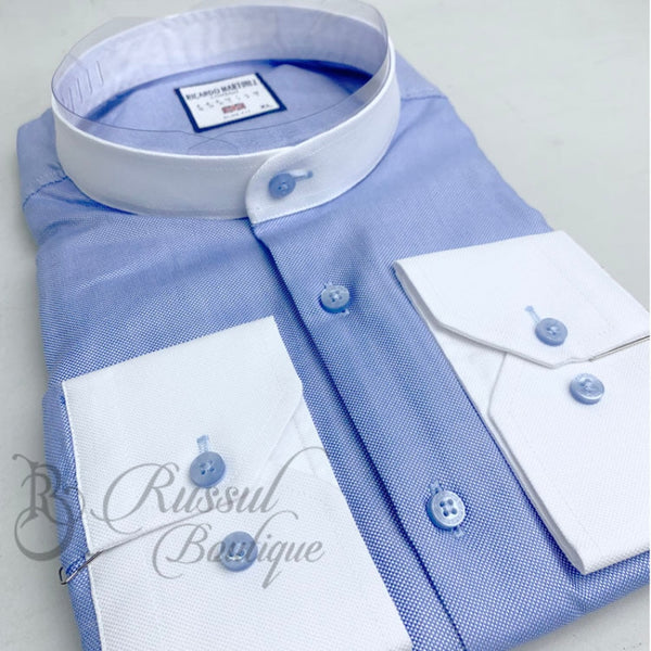 Ricardo Martinez Two Toned Bishop Collar Shirt | Blue Shirts