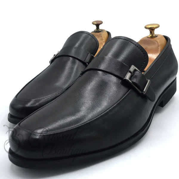 Robert Wood Side Buckle Leather Loafers |Black