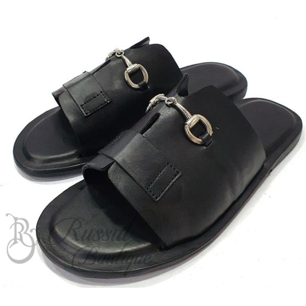 Rb Cross Horse-Bit Leather Slips | Black Sandals