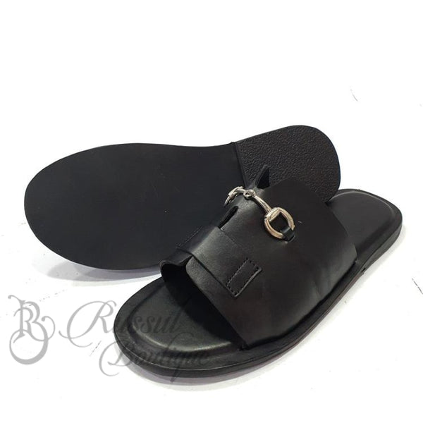 Rb Cross Horse-Bit Leather Slips | Black Sandals