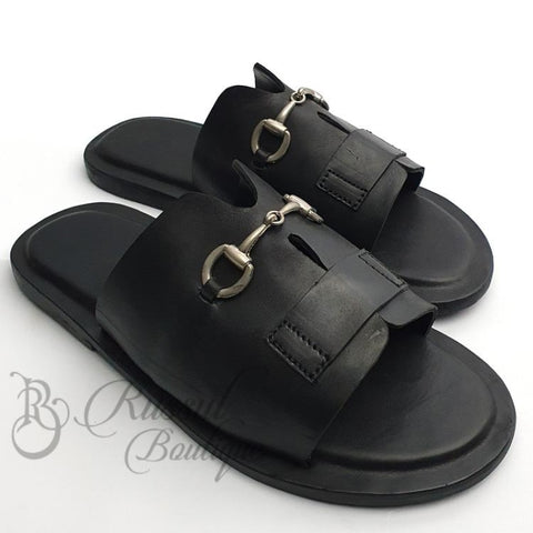 Rb Cross Horse-Bit Leather Slips | Black Sandals