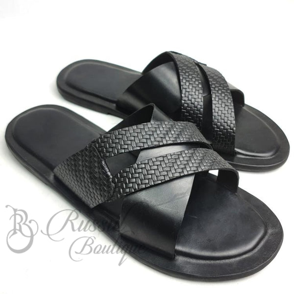 Rb Detailed Leather Slips | Black Sandals