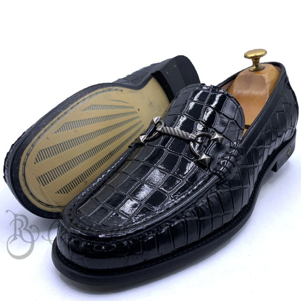 Sr Cracked Wetlook Horsebit Loafers | Black Shoes