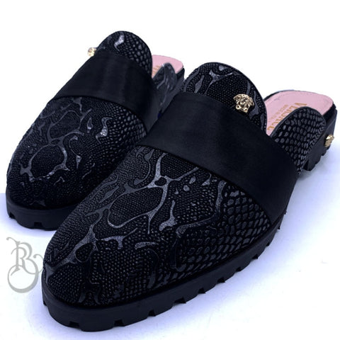 Vsc Textured Banded Mules | Black Exotic Shoe