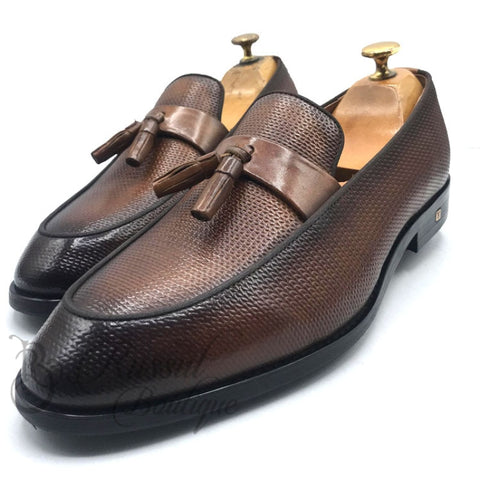 Lv. Textured Tasseled Shoe | Brown Exotic Shoe