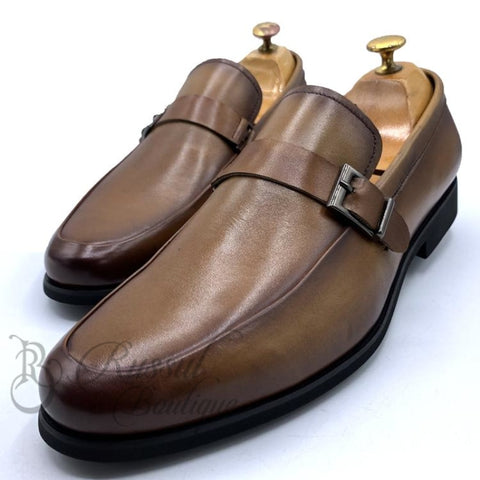 Robert Wood Side Buckle Leather Loafers |Brown